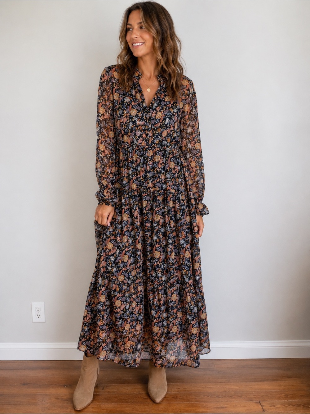 1.STATE Floral Maxi Dress Boho Long Sleeve Tiered Midi Maxi Dress small